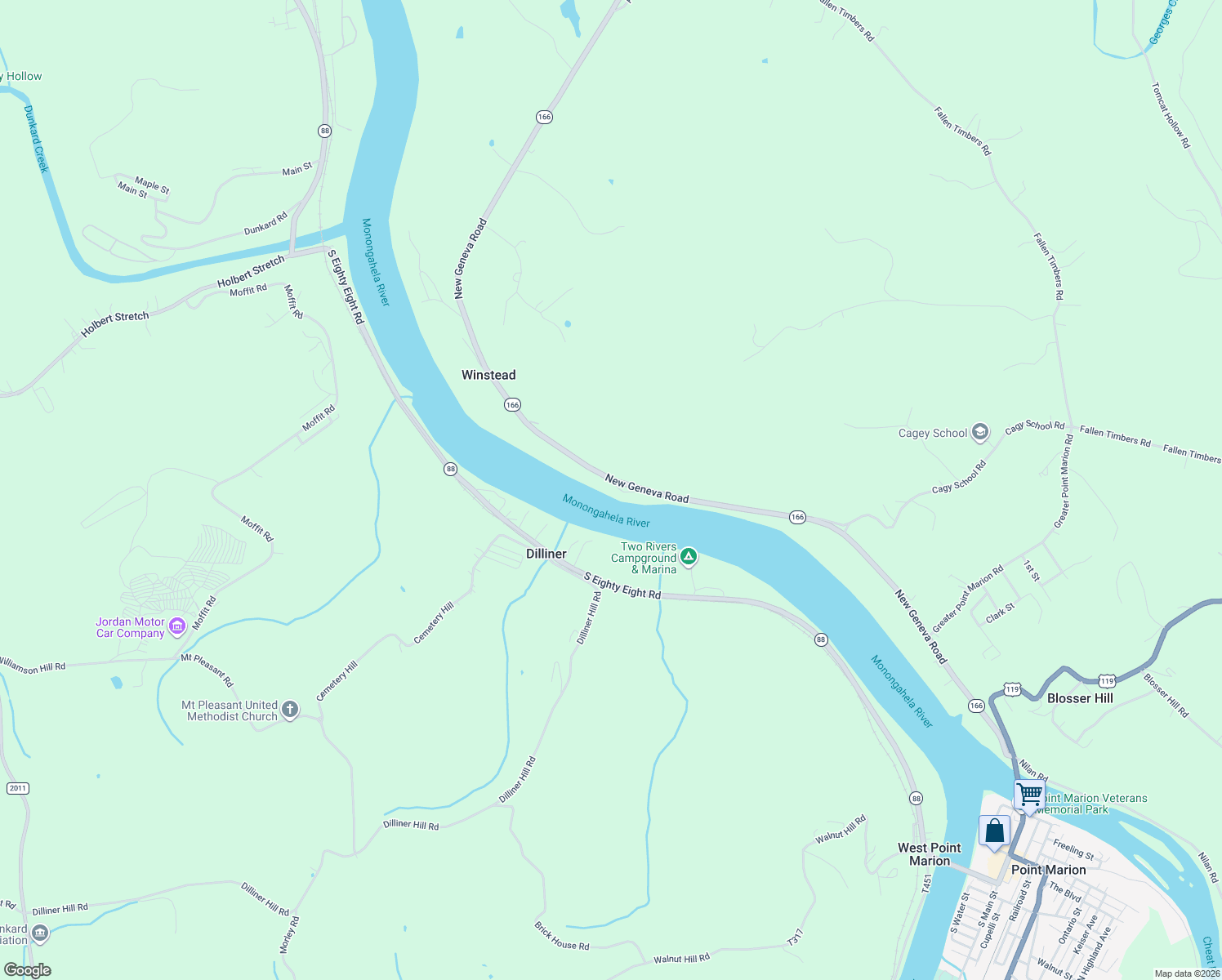 map of restaurants, bars, coffee shops, grocery stores, and more near 627 New Geneva Road in Point Marion