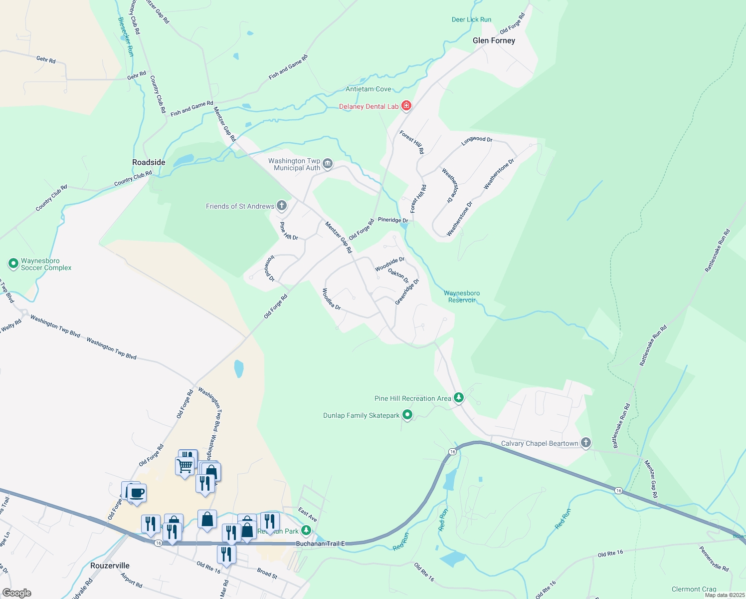 map of restaurants, bars, coffee shops, grocery stores, and more near 11936 Mentzer Gap Road in Waynesboro