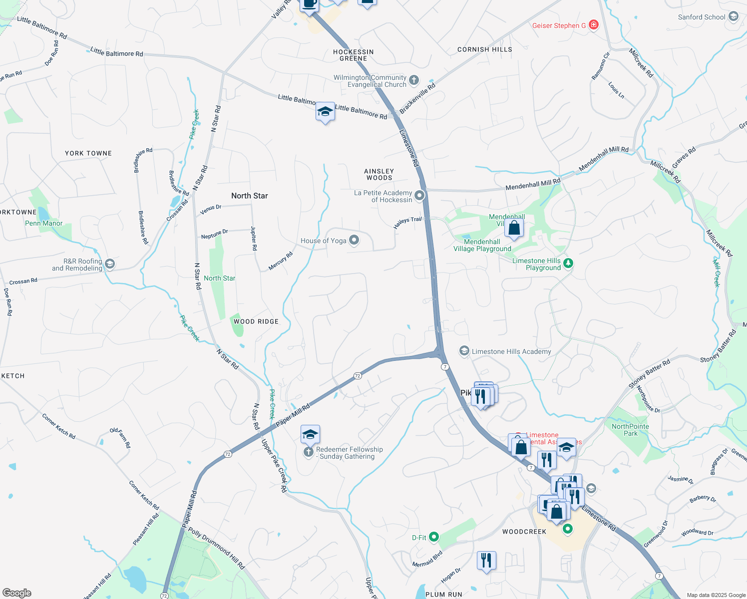 map of restaurants, bars, coffee shops, grocery stores, and more near 36 Willow Creek Lane in Newark