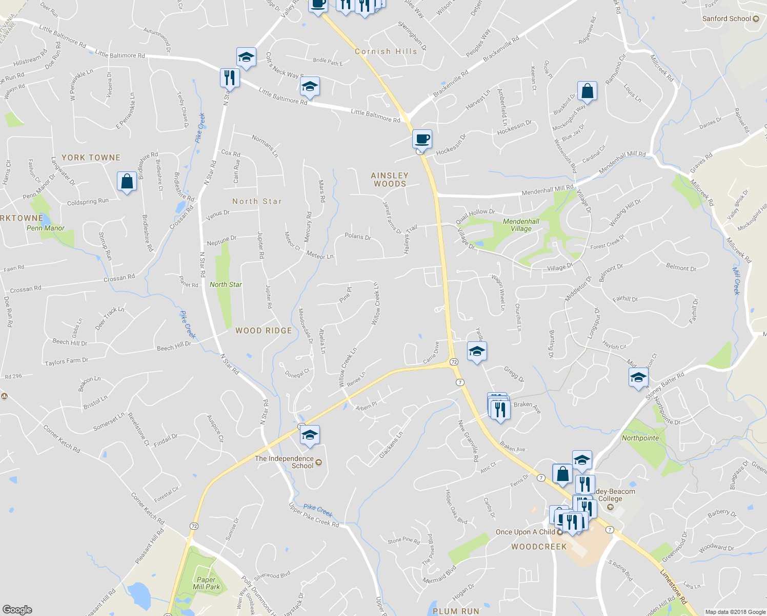map of restaurants, bars, coffee shops, grocery stores, and more near 36 Willow Creek Lane in Newark