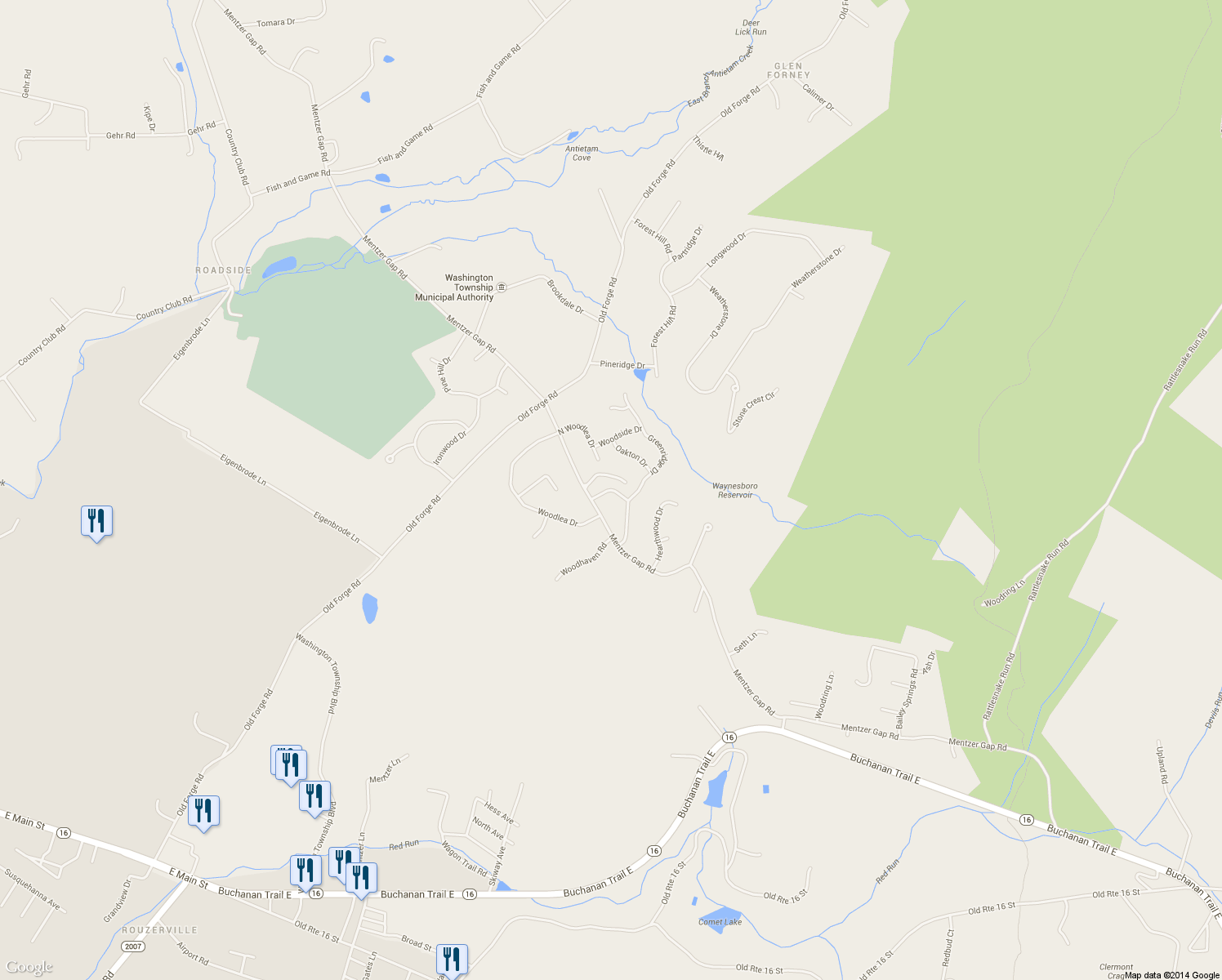 map of restaurants, bars, coffee shops, grocery stores, and more near 11555 Woodmark Lane in Waynesboro