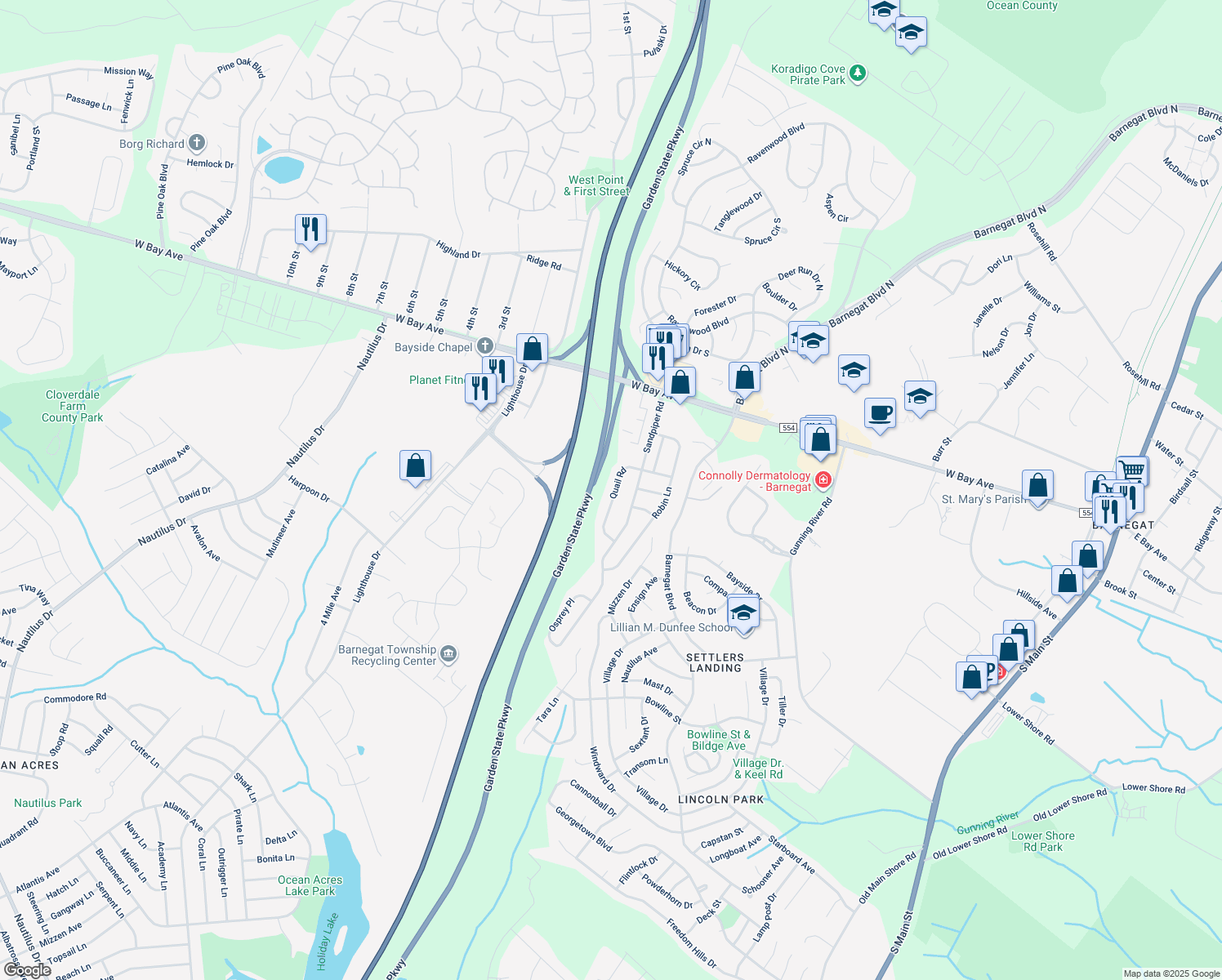 map of restaurants, bars, coffee shops, grocery stores, and more near 56 Quail Rd in Barnegat Township