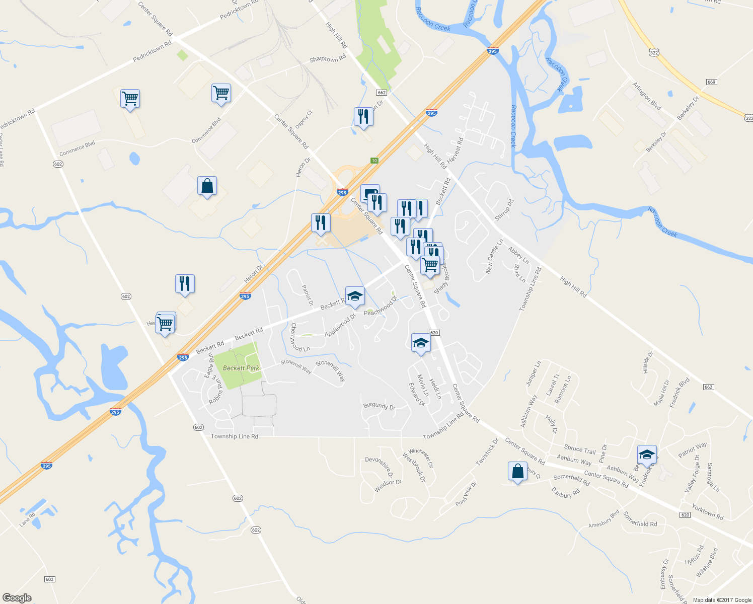 map of restaurants, bars, coffee shops, grocery stores, and more near 20 Elmwood Place in Logan Township