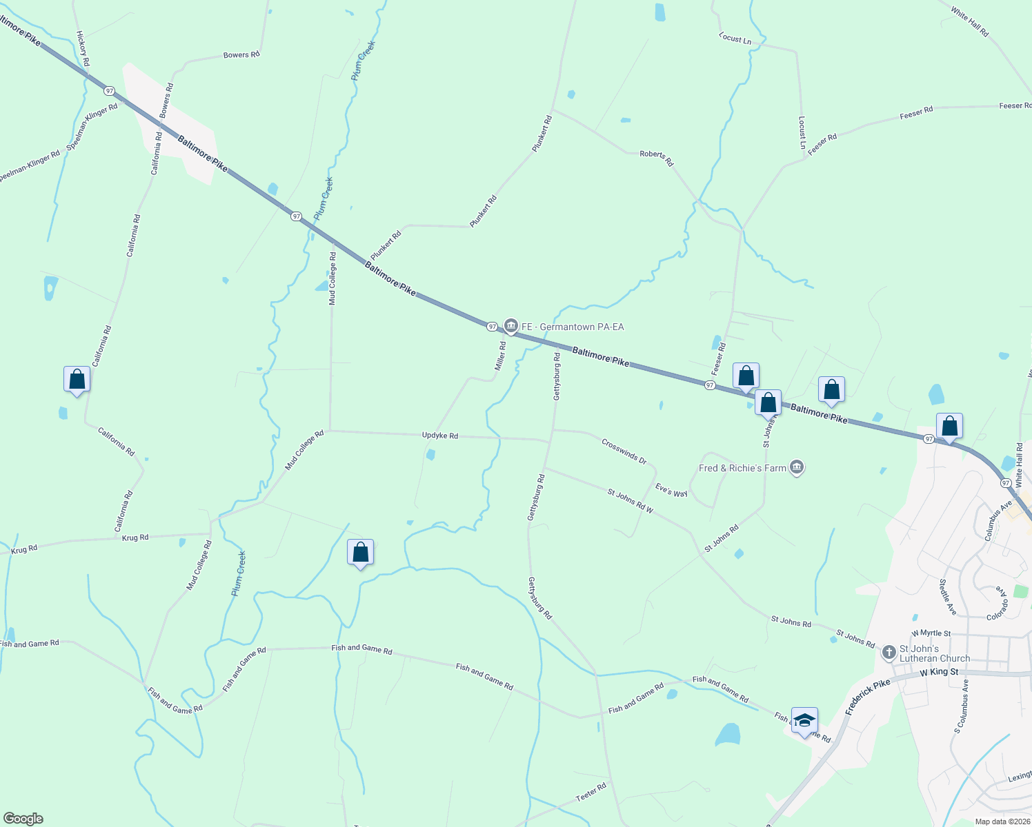 map of restaurants, bars, coffee shops, grocery stores, and more near 310 Updyke Road in Littlestown