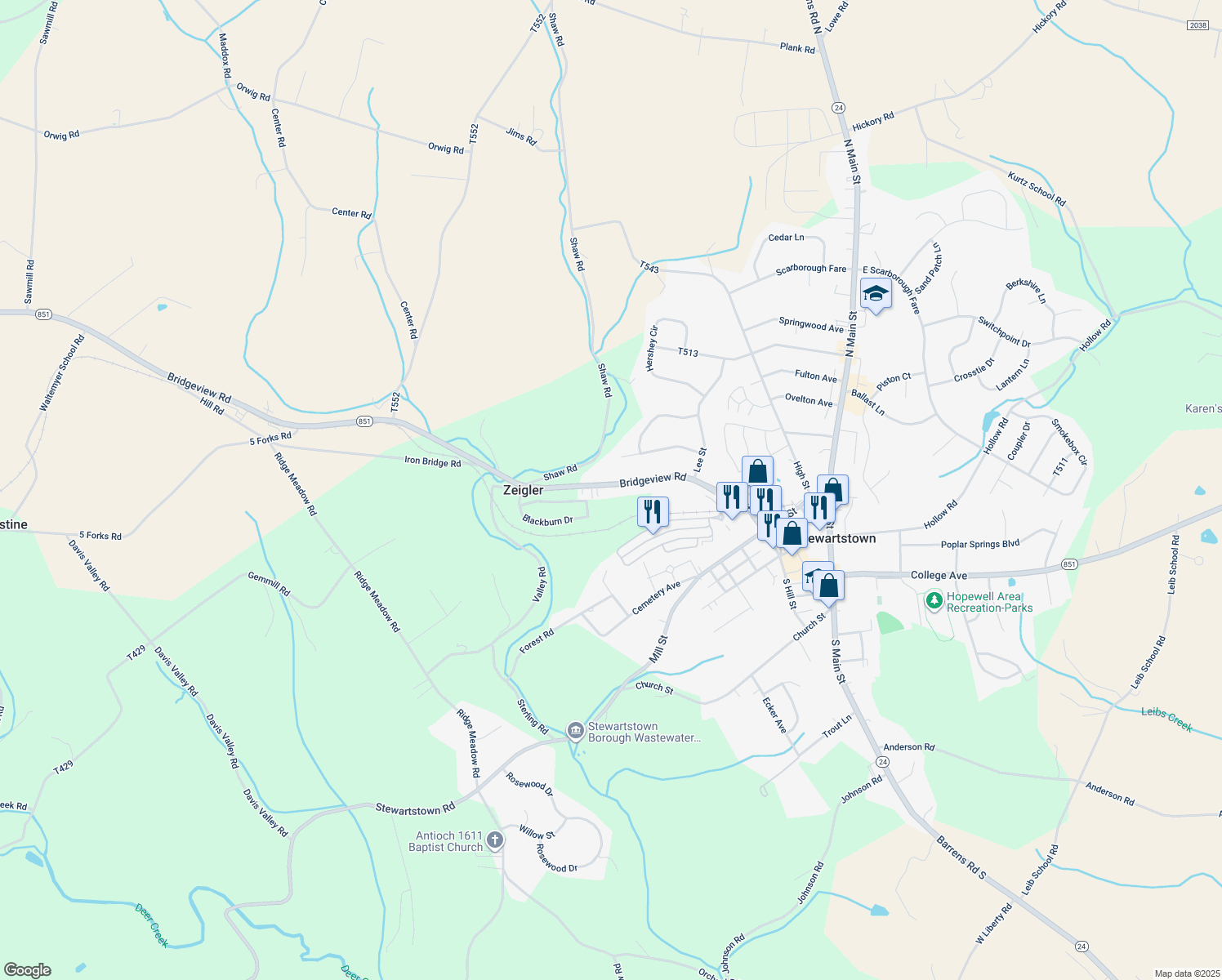 map of restaurants, bars, coffee shops, grocery stores, and more near 4452 Bridgeview Rd in Stewartstown