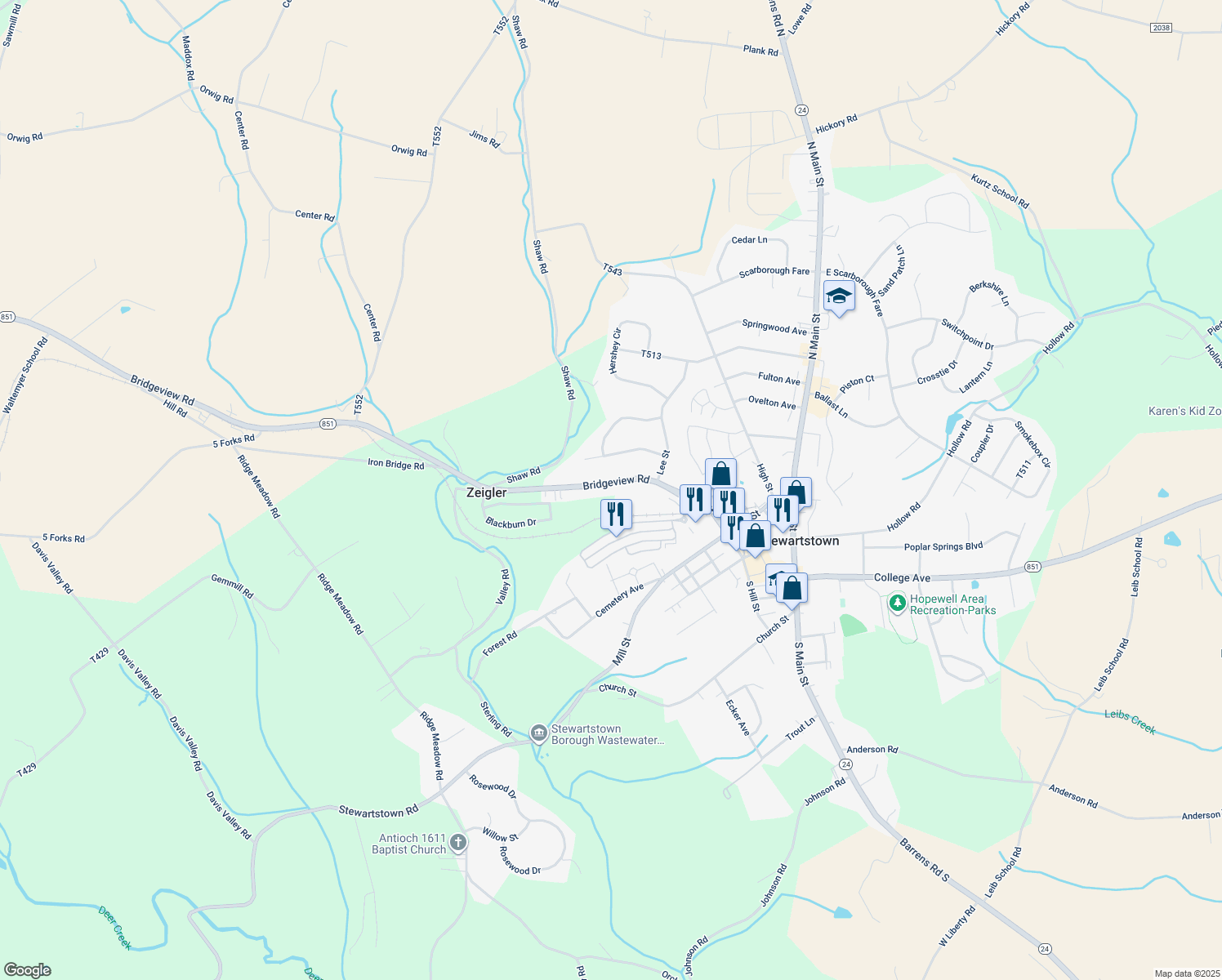 map of restaurants, bars, coffee shops, grocery stores, and more near 4570 Bridgeview Road in Stewartstown