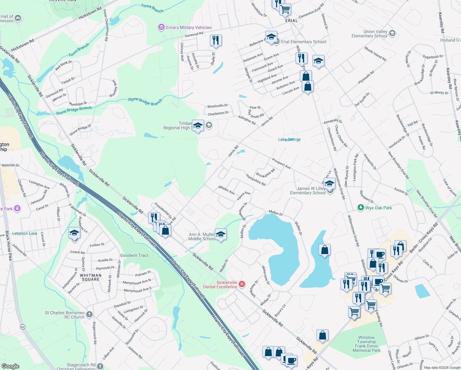 map of restaurants, bars, coffee shops, grocery stores, and more near 93 Vance Avenue in Sicklerville
