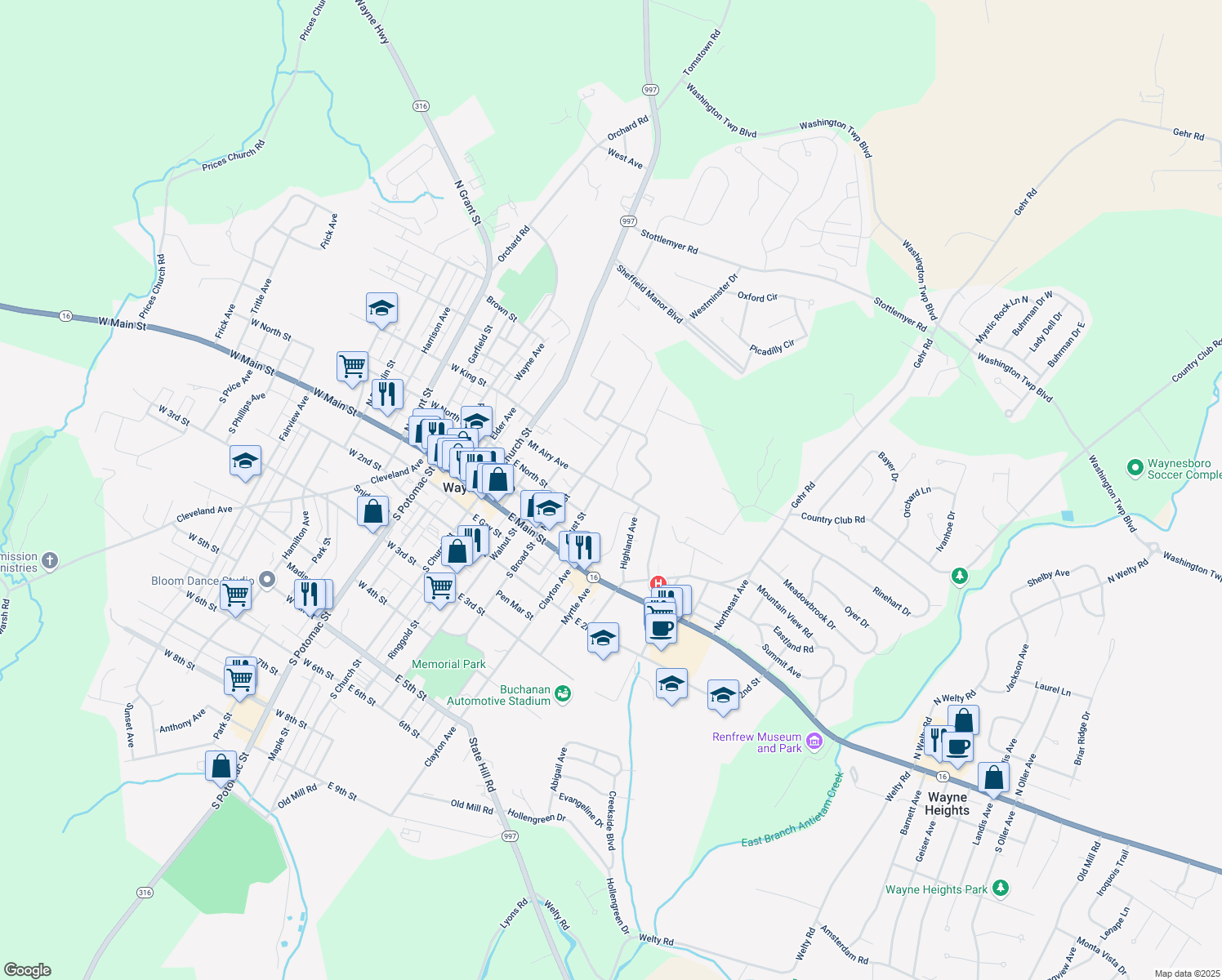 map of restaurants, bars, coffee shops, grocery stores, and more near 221 Mount Airy Avenue in Waynesboro