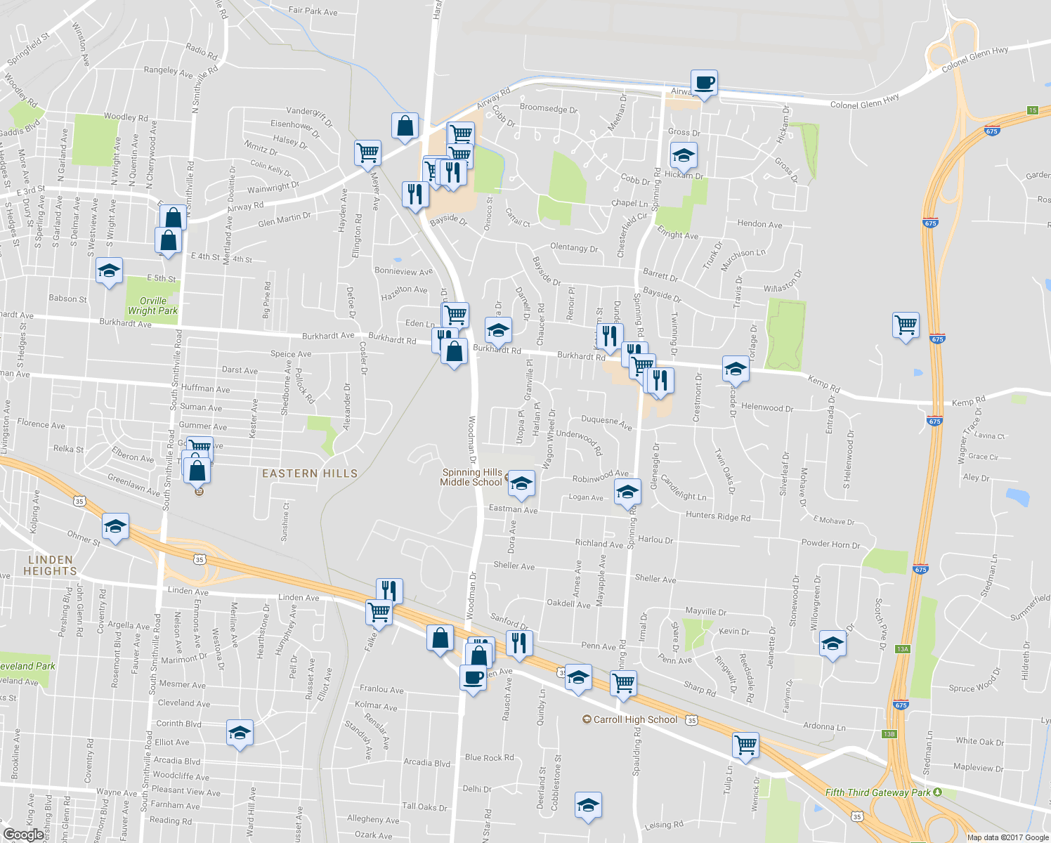 map of restaurants, bars, coffee shops, grocery stores, and more near 750 Utopia Place in Dayton