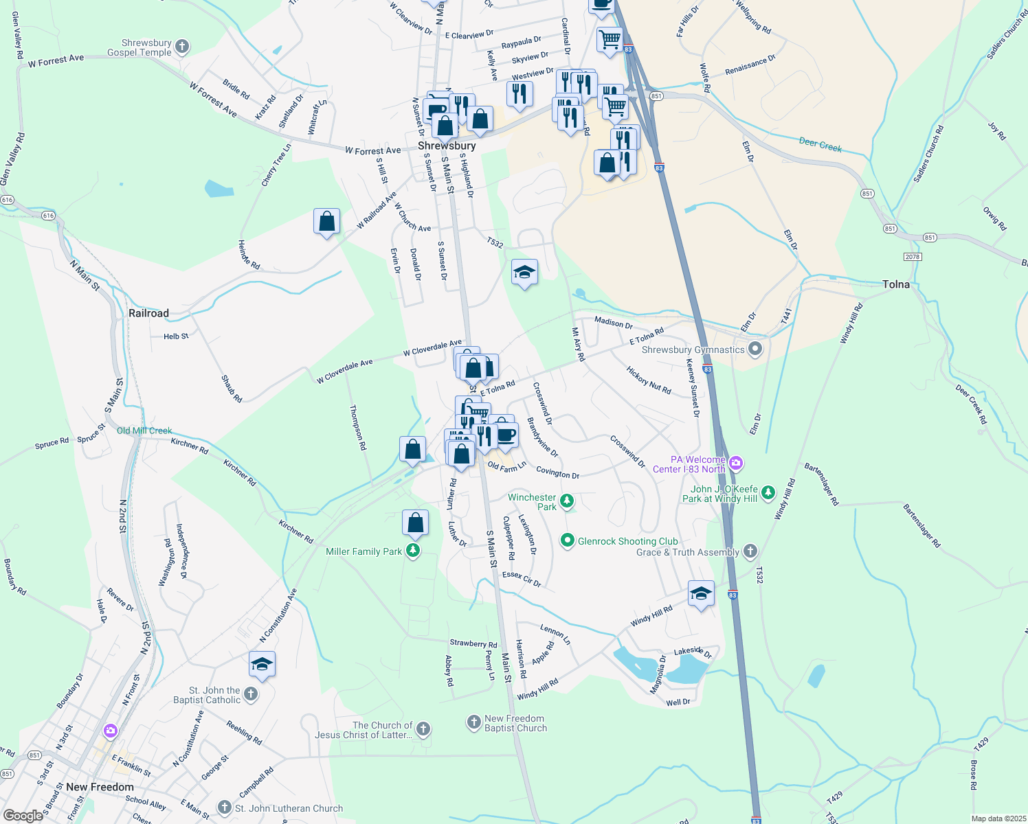 map of restaurants, bars, coffee shops, grocery stores, and more near 19 Covington Dr in Shrewsbury