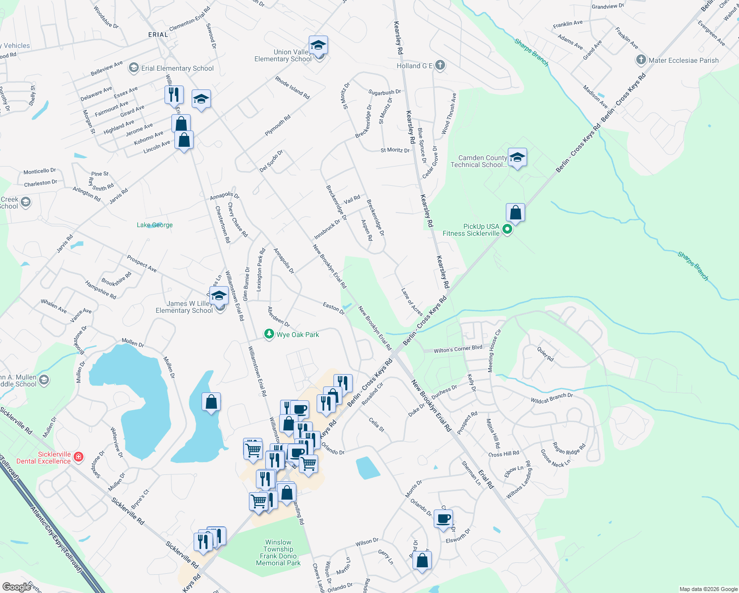 map of restaurants, bars, coffee shops, grocery stores, and more near 950 New Brooklyn Erial Road in Gloucester Township
