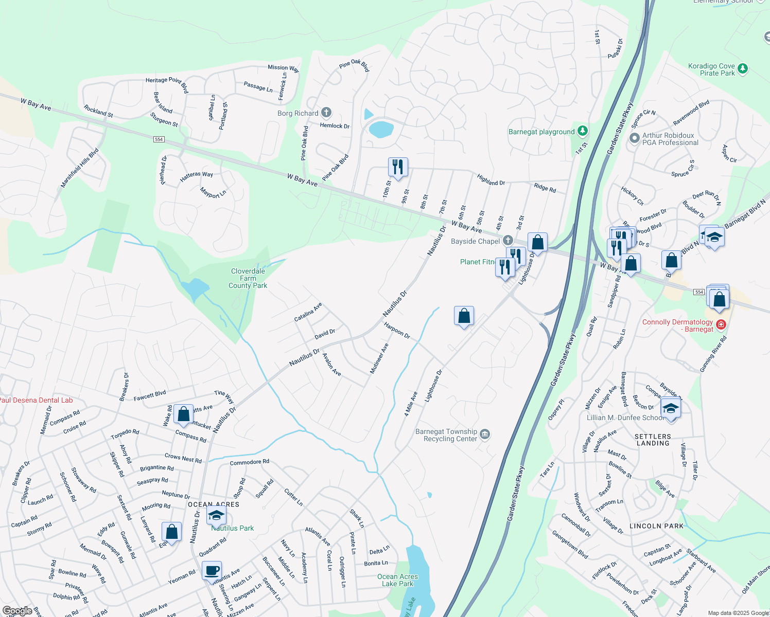map of restaurants, bars, coffee shops, grocery stores, and more near 62 Nautilus Drive in Barnegat Township