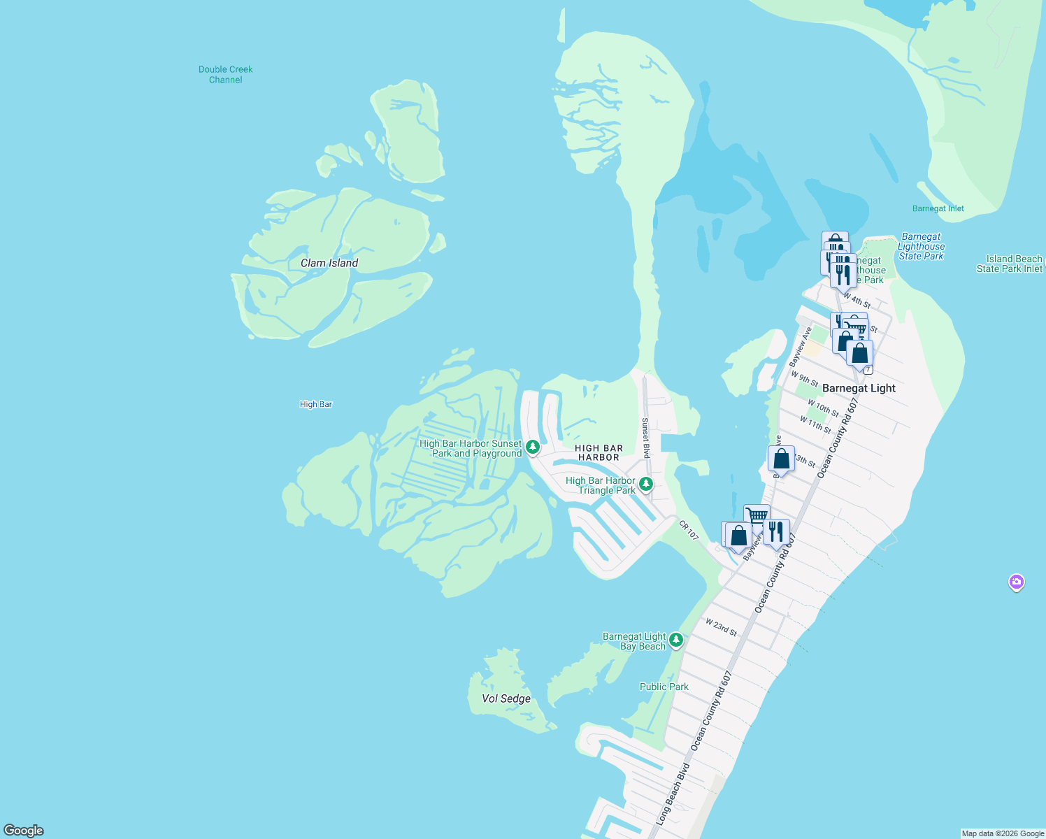 map of restaurants, bars, coffee shops, grocery stores, and more near 42 Butler Road in Long Beach Township