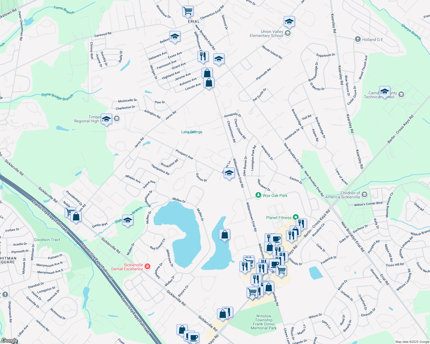 map of restaurants, bars, coffee shops, grocery stores, and more near 41 Damon Drive in Gloucester Township