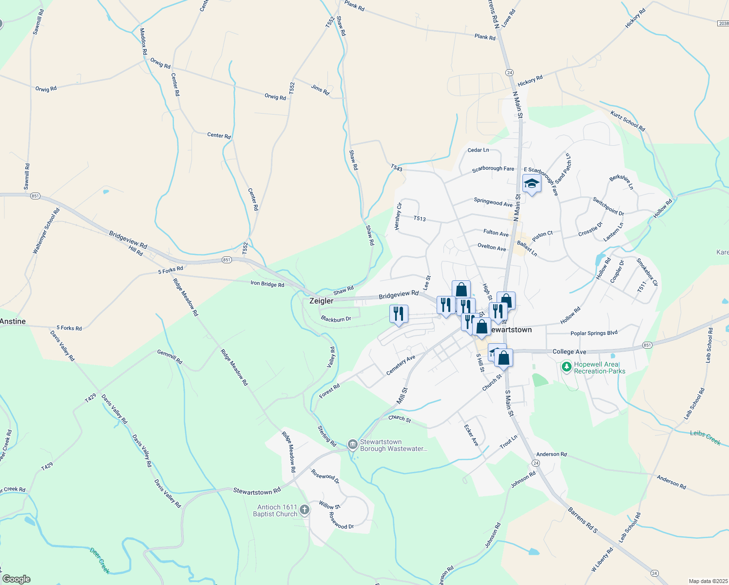 map of restaurants, bars, coffee shops, grocery stores, and more near 4409 Bridgeview Road in Stewartstown
