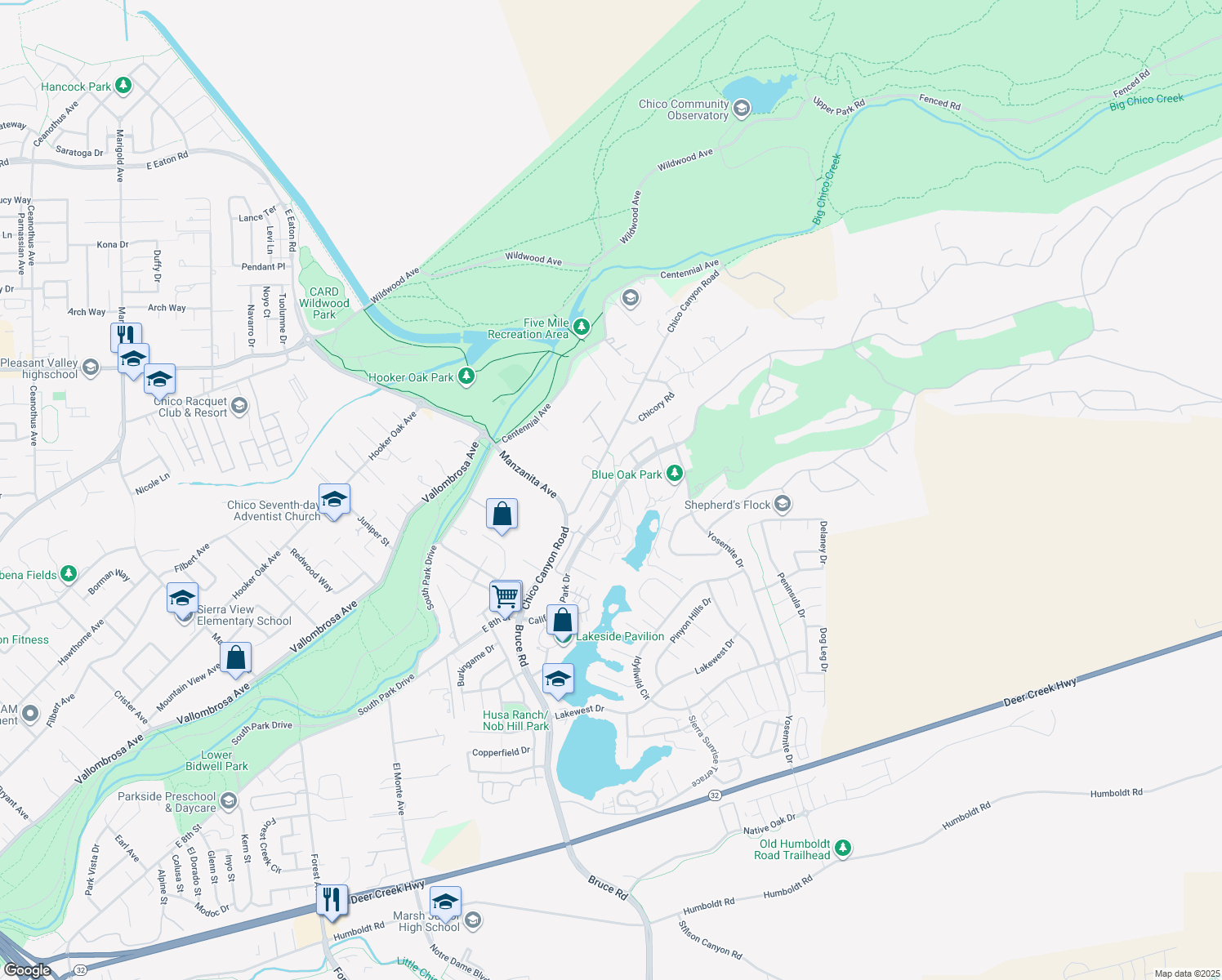 map of restaurants, bars, coffee shops, grocery stores, and more near 32 Alameda Park Cir in Chico