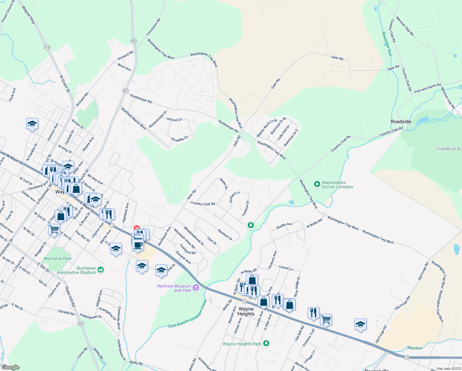 map of restaurants, bars, coffee shops, grocery stores, and more near 11850 Catoctin Drive in Waynesboro