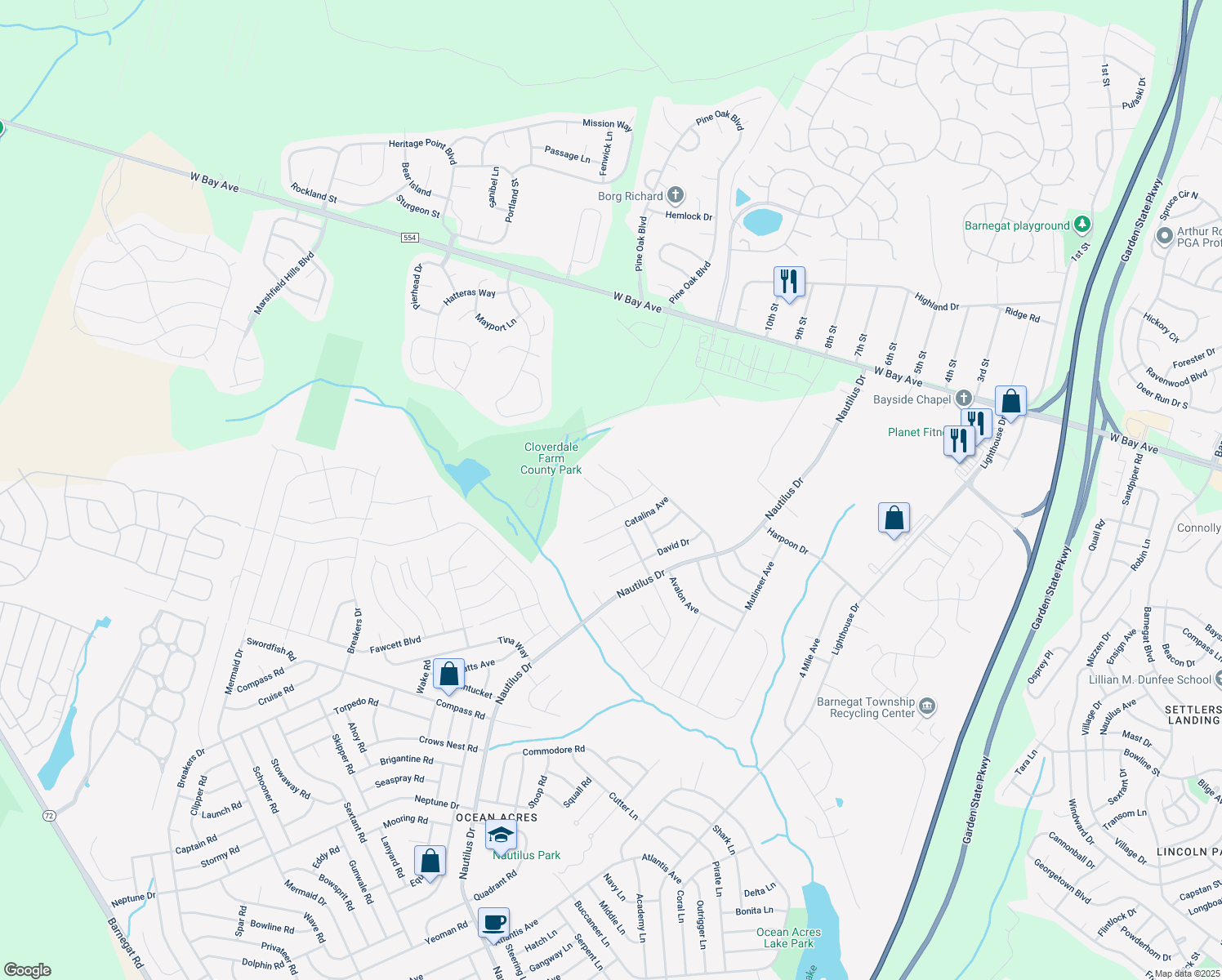 map of restaurants, bars, coffee shops, grocery stores, and more near 6 Hopper Avenue in Barnegat Township