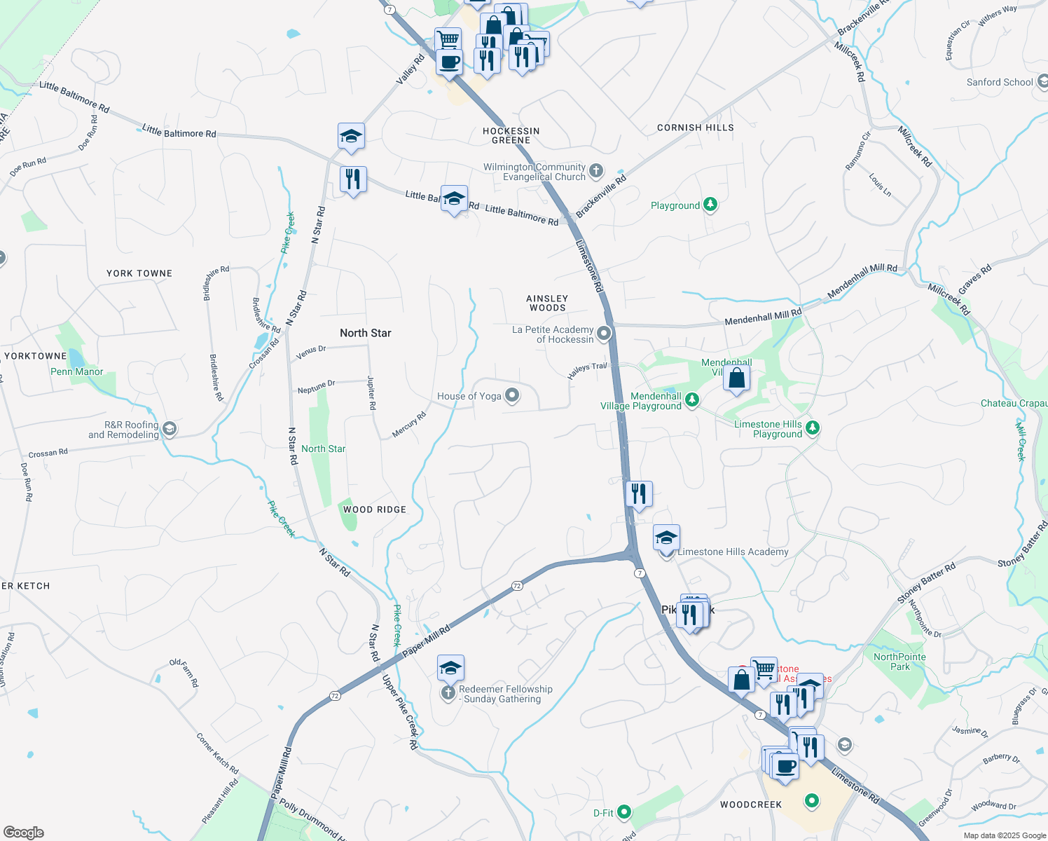 map of restaurants, bars, coffee shops, grocery stores, and more near 10 Haileys Trail in Newark