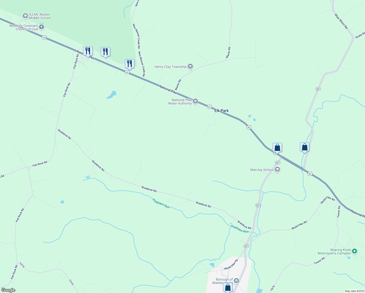 map of restaurants, bars, coffee shops, grocery stores, and more near in Markleysburg