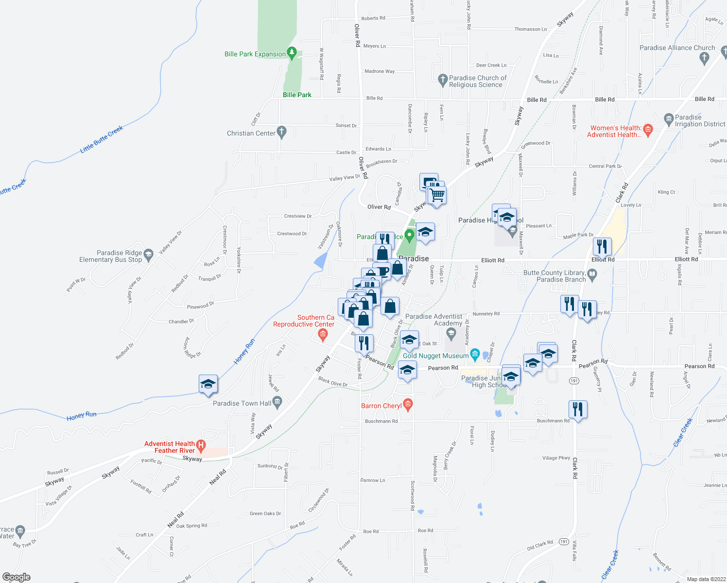 map of restaurants, bars, coffee shops, grocery stores, and more near 639 Boquest Blvd in Paradise