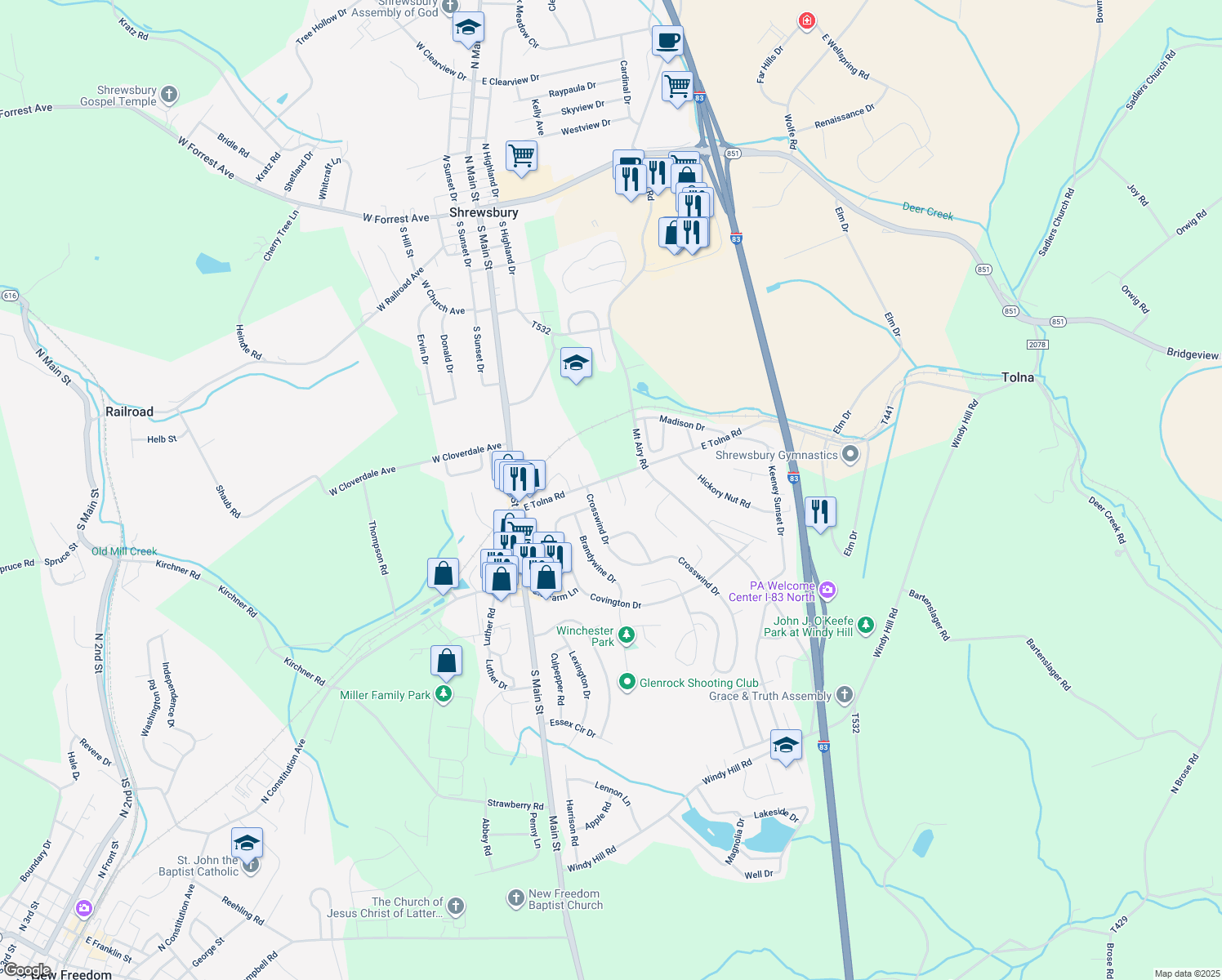 map of restaurants, bars, coffee shops, grocery stores, and more near 249 E Tolna Rd in Shrewsbury