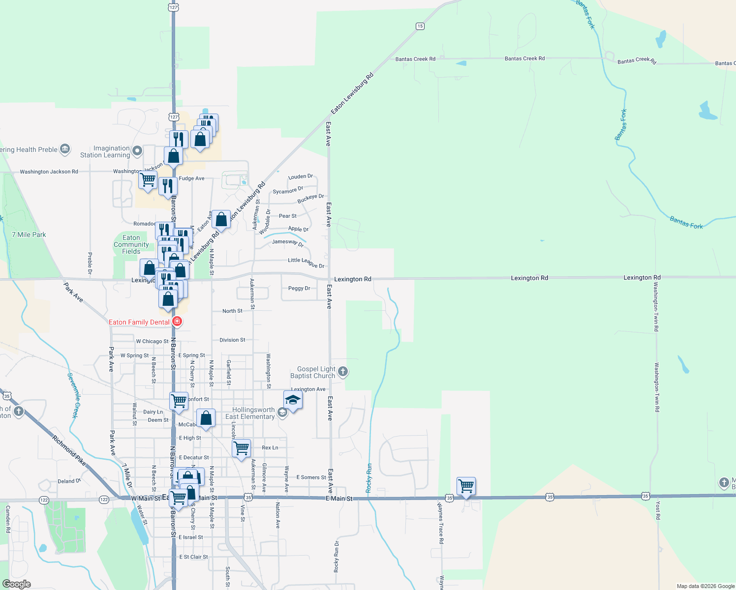 map of restaurants, bars, coffee shops, grocery stores, and more near 109 Stoney Brook Dr in Eaton