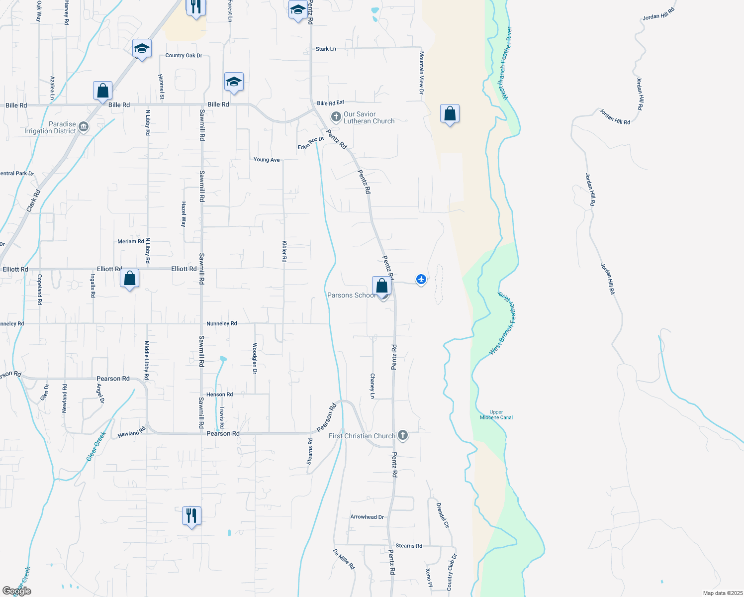 map of restaurants, bars, coffee shops, grocery stores, and more near 5810 Fickett Lane in Paradise