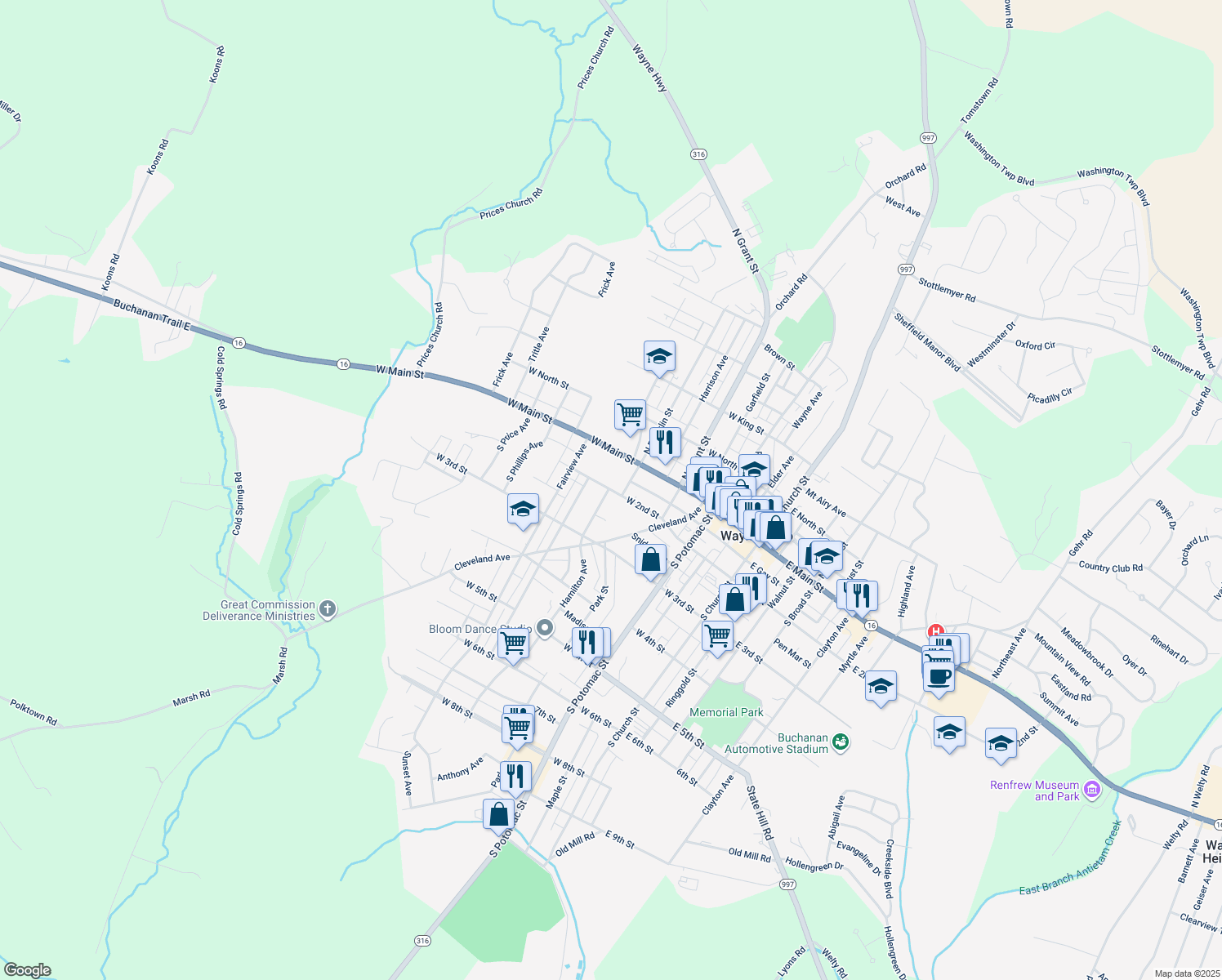 map of restaurants, bars, coffee shops, grocery stores, and more near 284 W 2nd St in Waynesboro