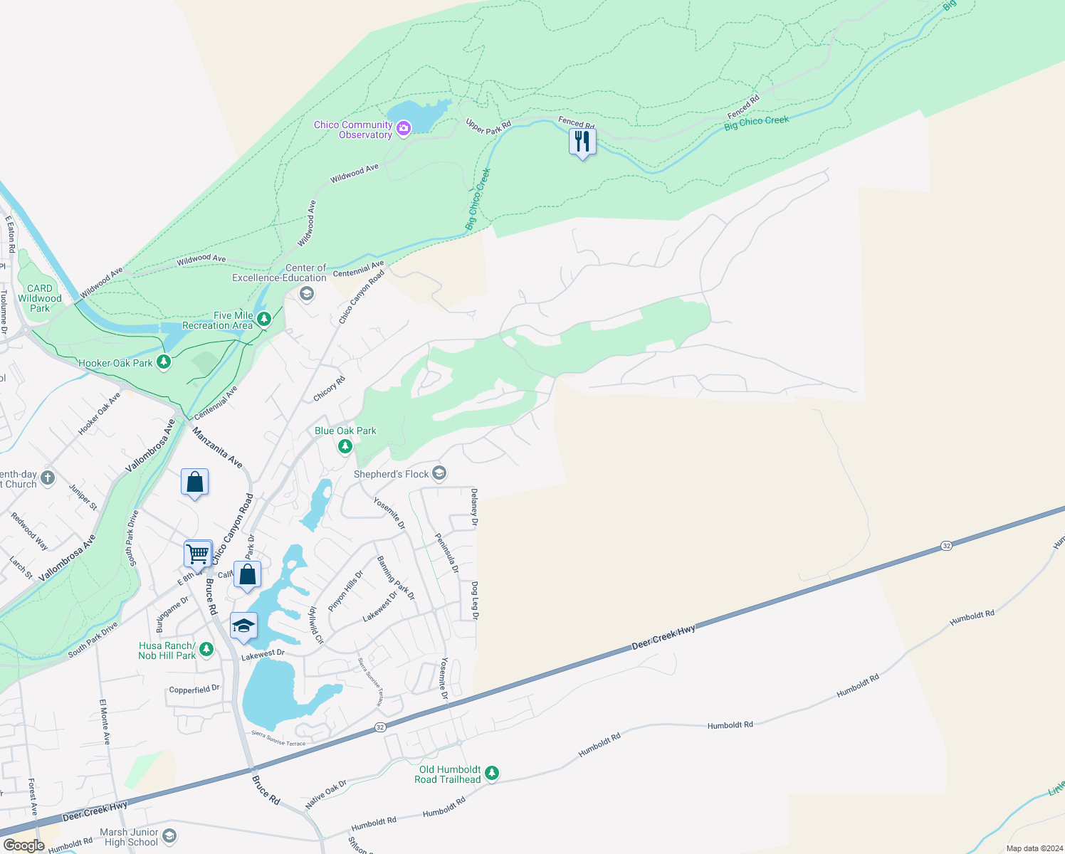 map of restaurants, bars, coffee shops, grocery stores, and more near 7 Lily Way in Chico