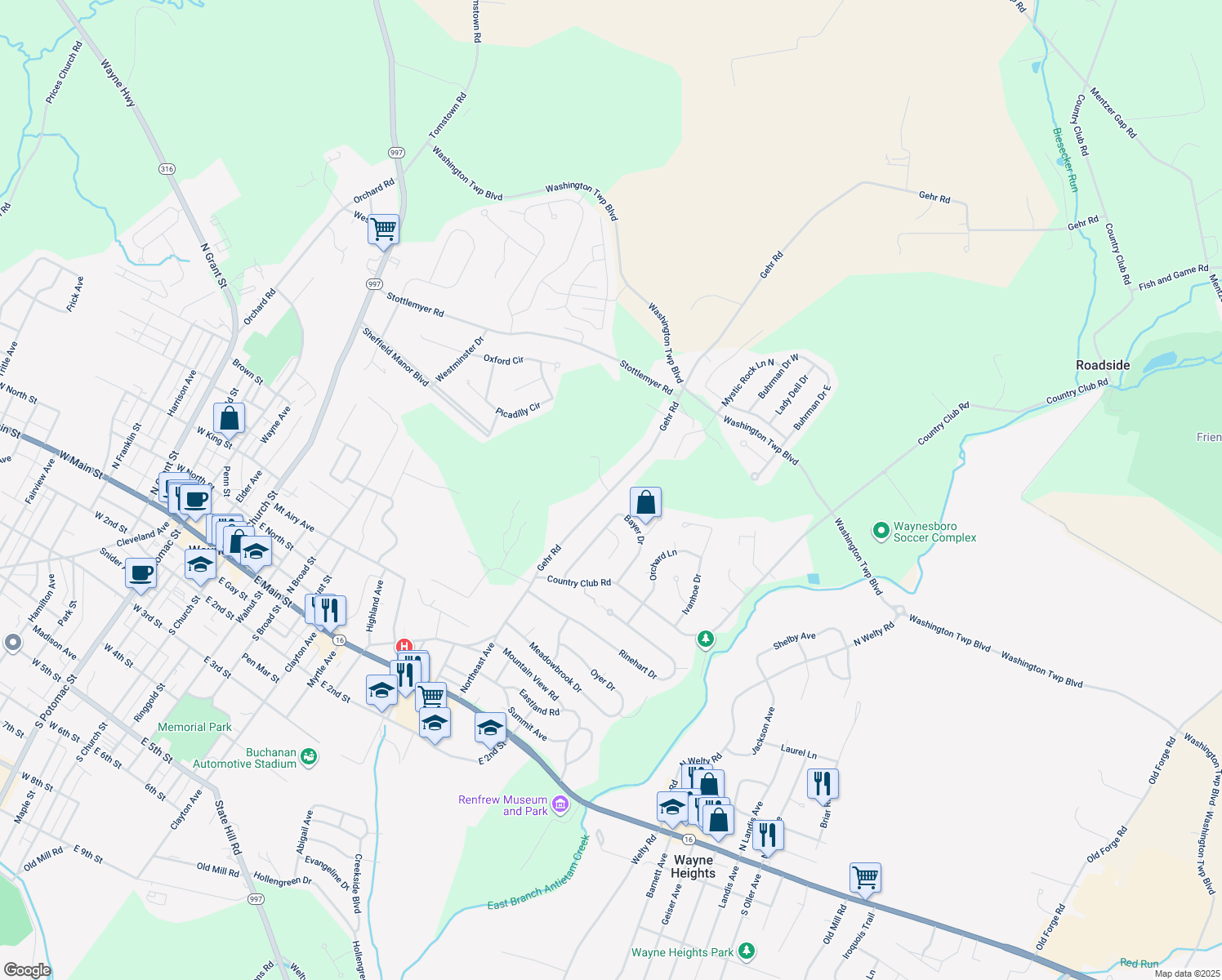 map of restaurants, bars, coffee shops, grocery stores, and more near 11975 Gehr Road in Waynesboro