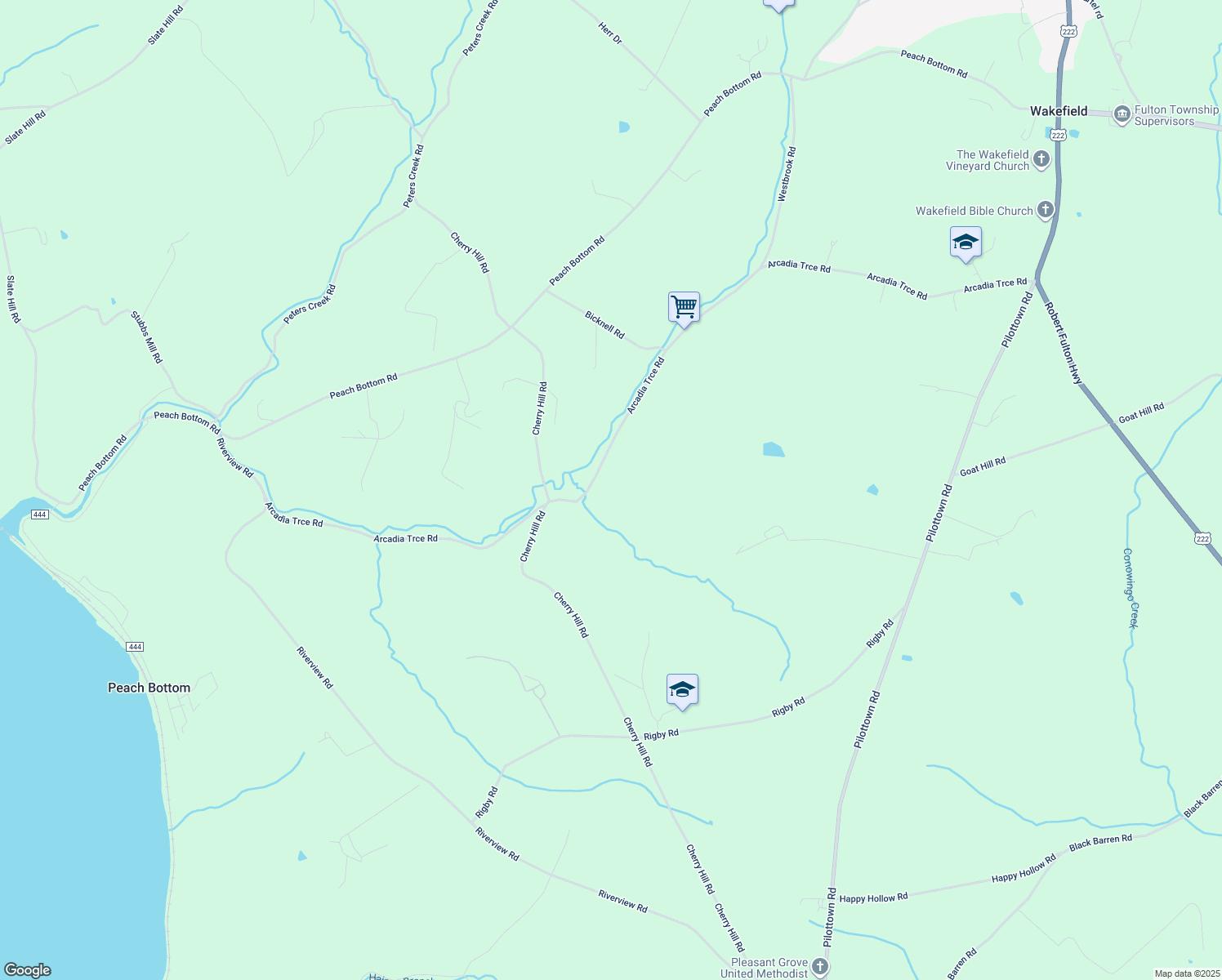 map of restaurants, bars, coffee shops, grocery stores, and more near 258 Arcadia Trace Road in Peach Bottom