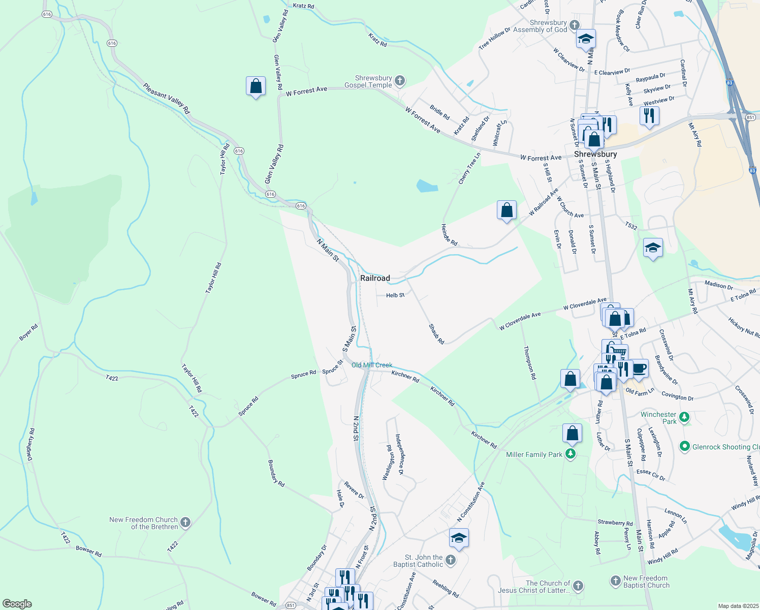 map of restaurants, bars, coffee shops, grocery stores, and more near 15 Hill Street in New Freedom