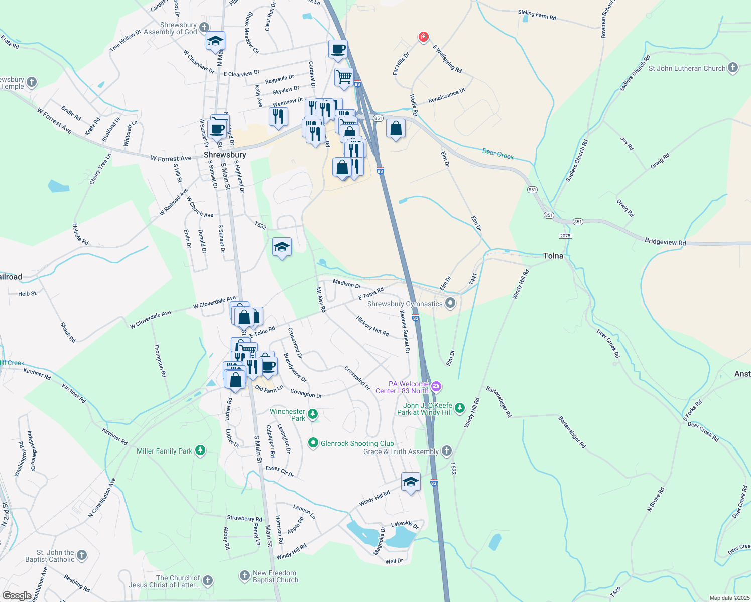 map of restaurants, bars, coffee shops, grocery stores, and more near 623 E Tolna Rd in Shrewsbury