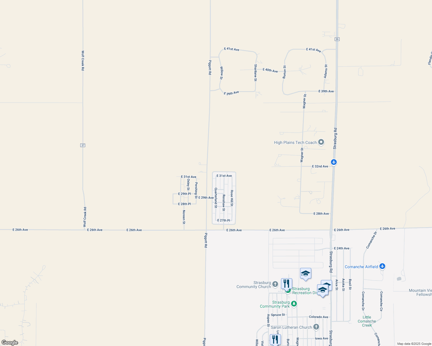 map of restaurants, bars, coffee shops, grocery stores, and more near 55409 East 31st Avenue in Strasburg