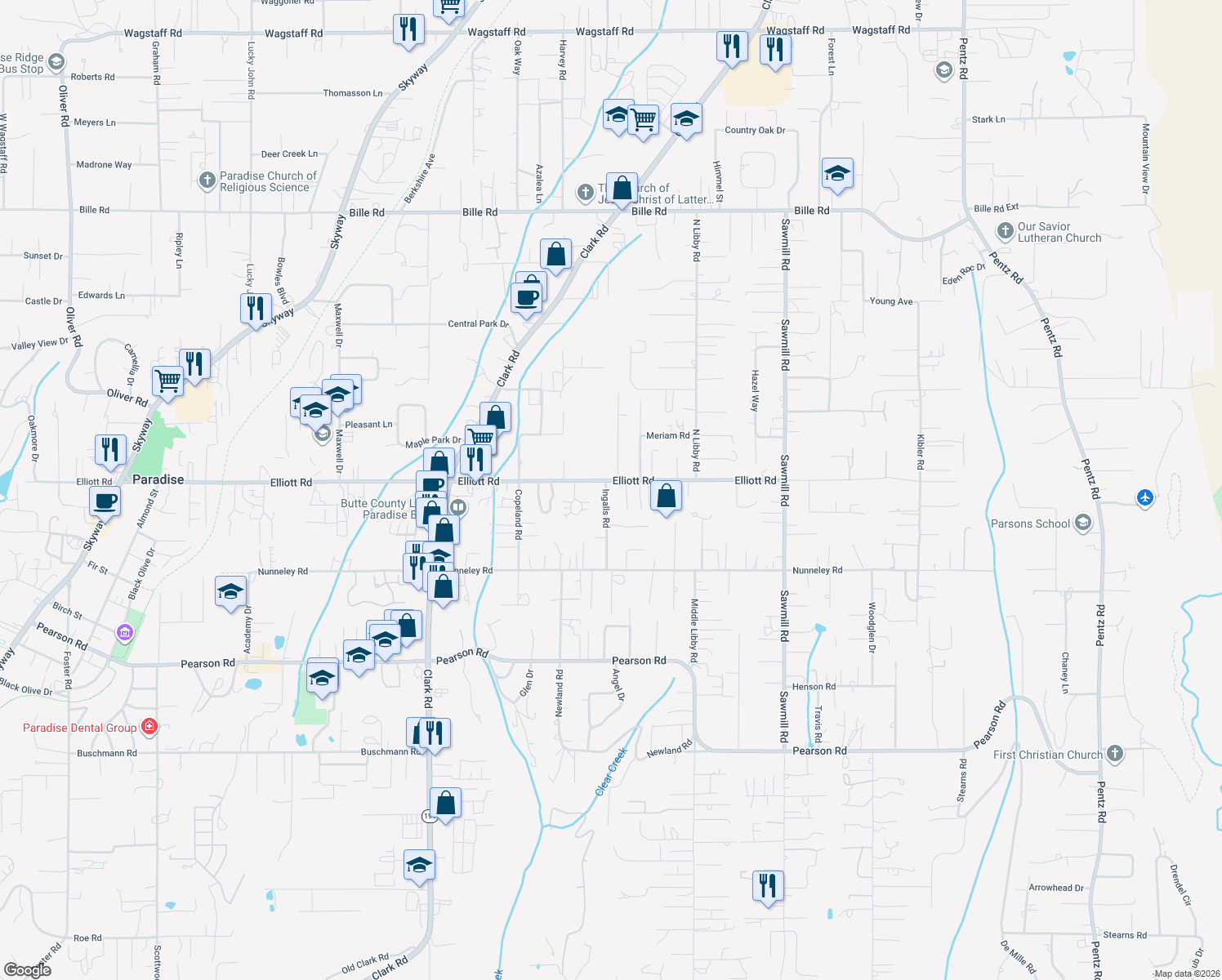 map of restaurants, bars, coffee shops, grocery stores, and more near 1300 Elliott Road in Paradise