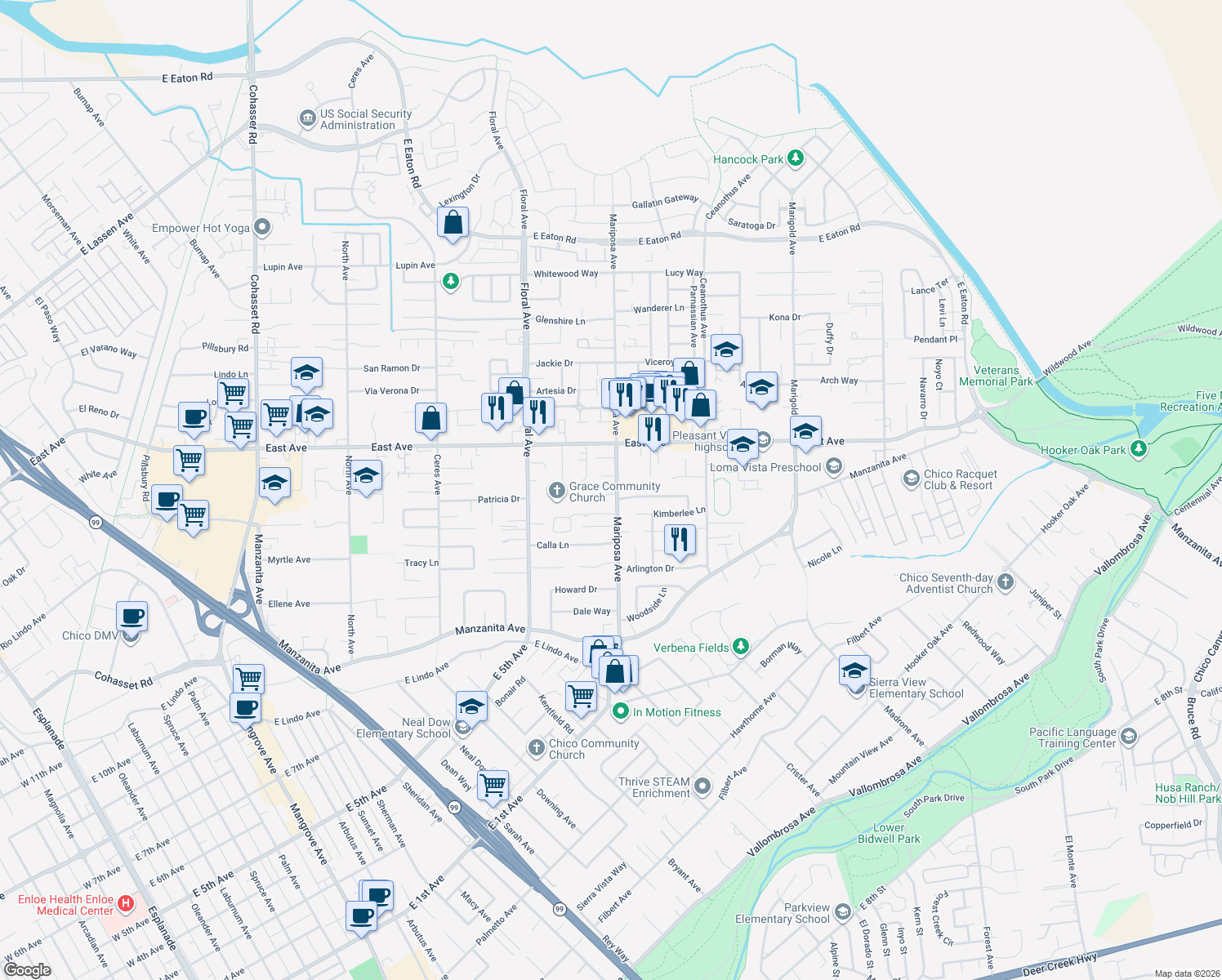 map of restaurants, bars, coffee shops, grocery stores, and more near 1 Jenny Way in Chico