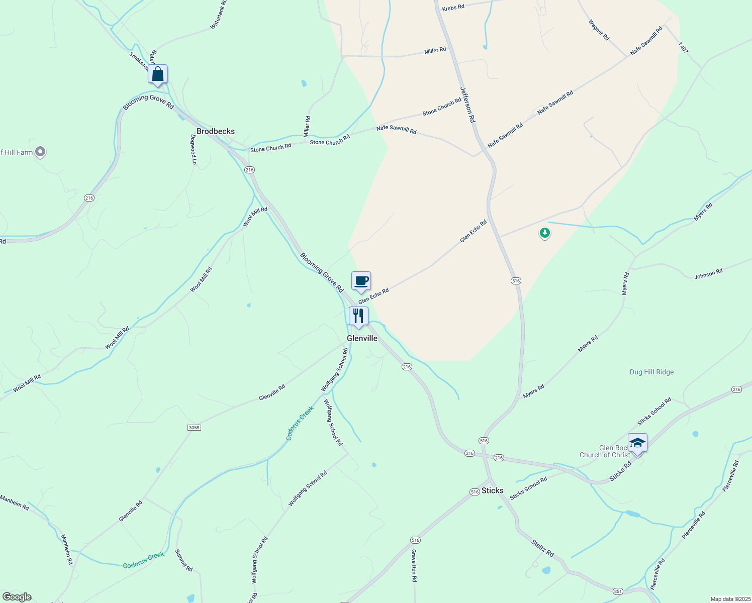 map of restaurants, bars, coffee shops, grocery stores, and more near 5170 Glen Echo Road in Glen Rock