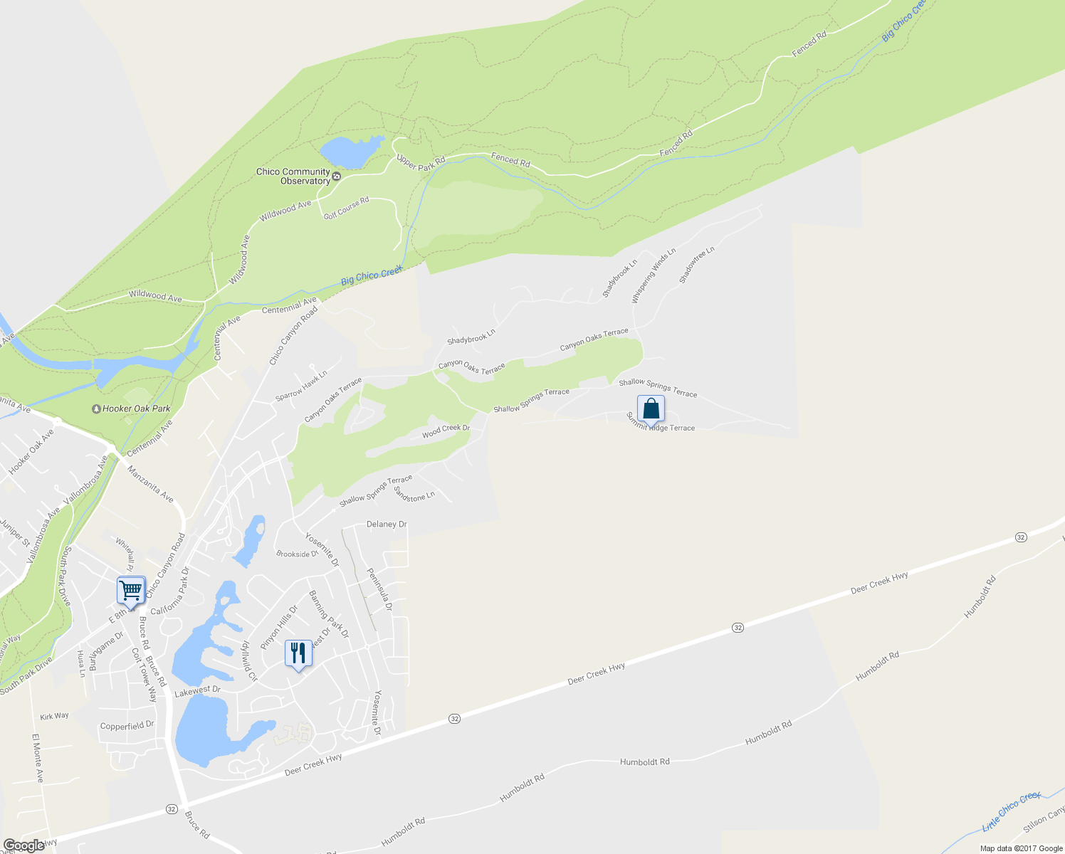 map of restaurants, bars, coffee shops, grocery stores, and more near 3159 Summit Ridge Terrace in Chico