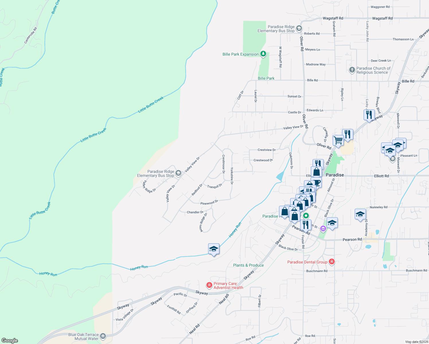 map of restaurants, bars, coffee shops, grocery stores, and more near 300 Redbud Drive in Paradise
