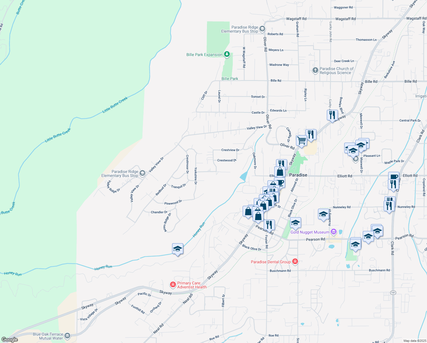 map of restaurants, bars, coffee shops, grocery stores, and more near 492 Nottingham Drive in Paradise