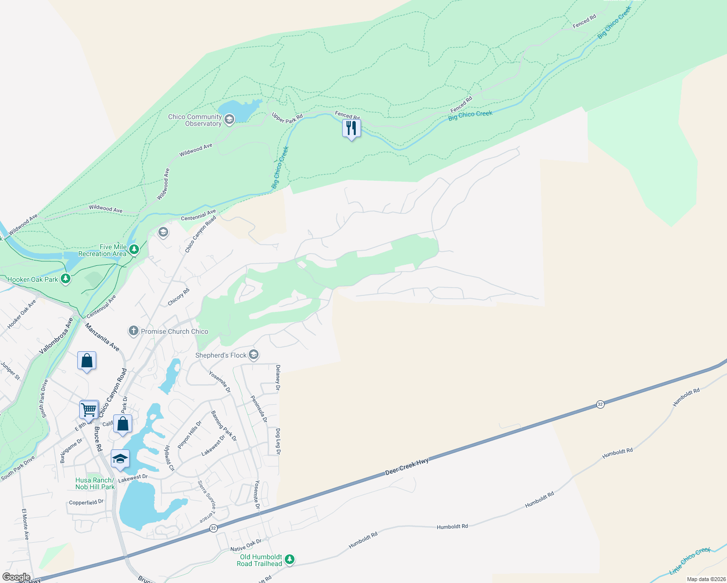 map of restaurants, bars, coffee shops, grocery stores, and more near 3158 Summit Ridge Terrace in Chico