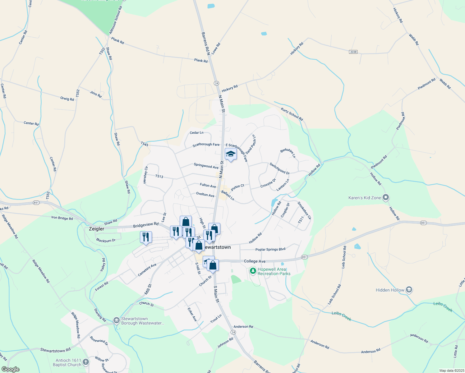 map of restaurants, bars, coffee shops, grocery stores, and more near 27 Piston Court in Stewartstown