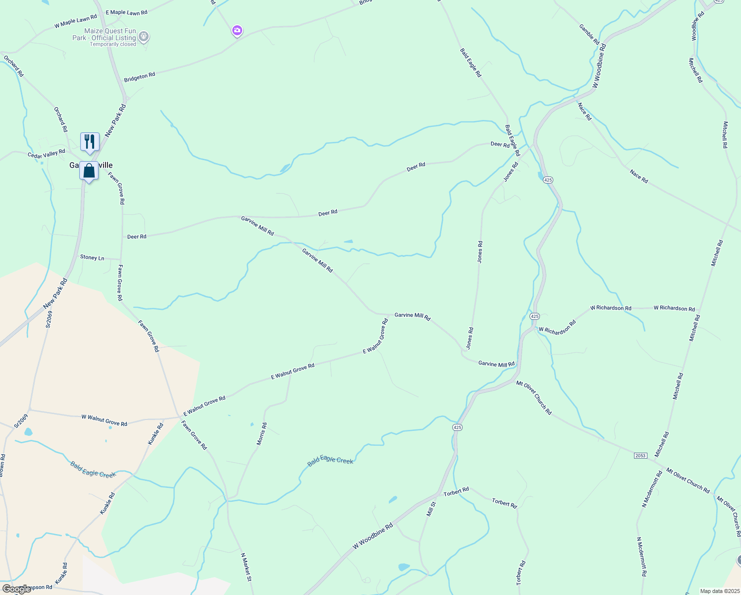 map of restaurants, bars, coffee shops, grocery stores, and more near 469 Garvine Mill Road in Fawn Grove