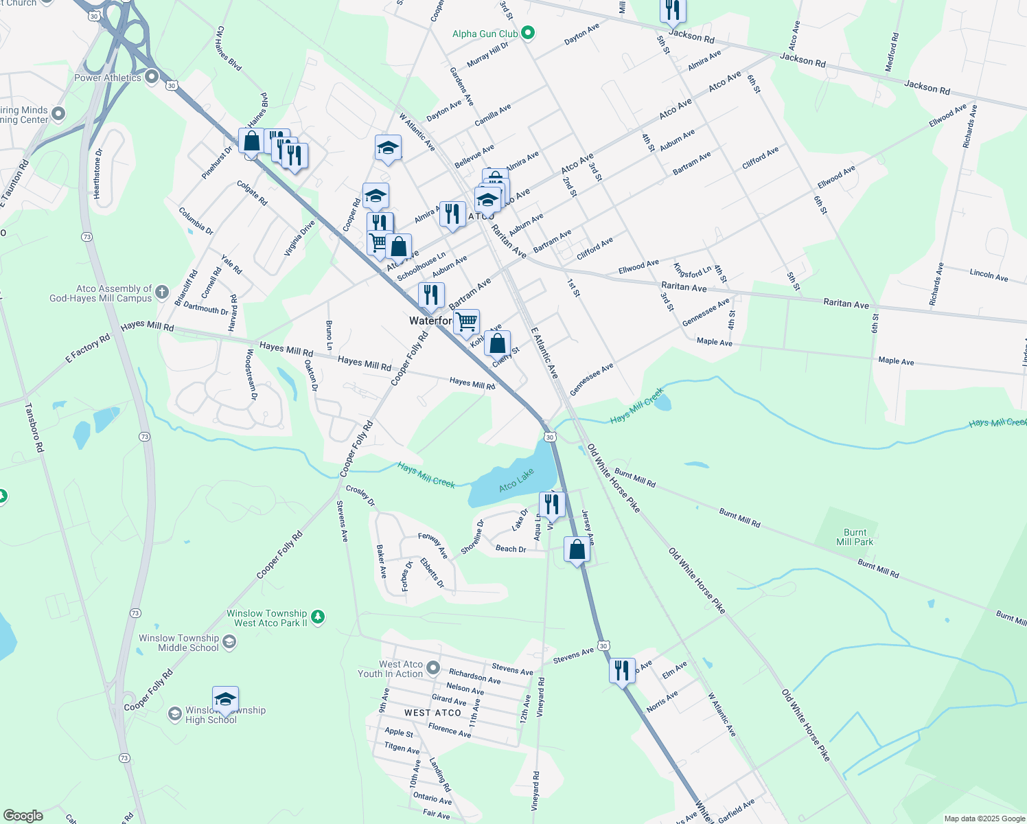 map of restaurants, bars, coffee shops, grocery stores, and more near 211 Trout Drive in Atco