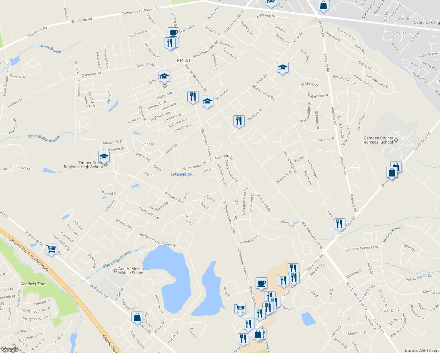 map of restaurants, bars, coffee shops, grocery stores, and more near 20 Chestertown Road in Sicklerville