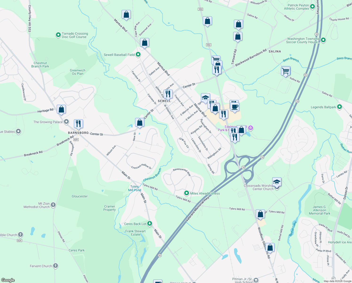 map of restaurants, bars, coffee shops, grocery stores, and more near 909 Gray Fox Circle in Gloucester County