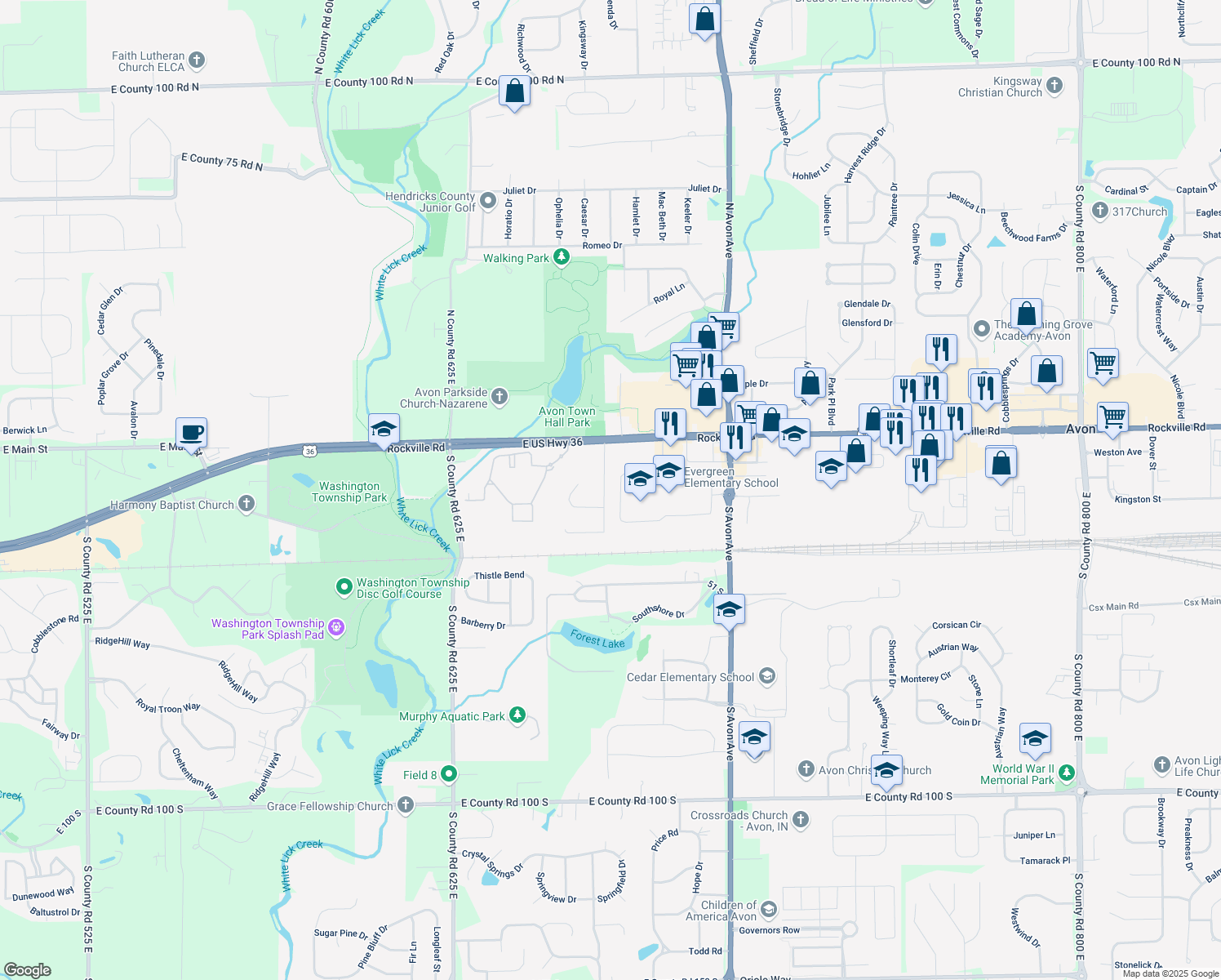 map of restaurants, bars, coffee shops, grocery stores, and more near 61 Queensway Drive in Avon