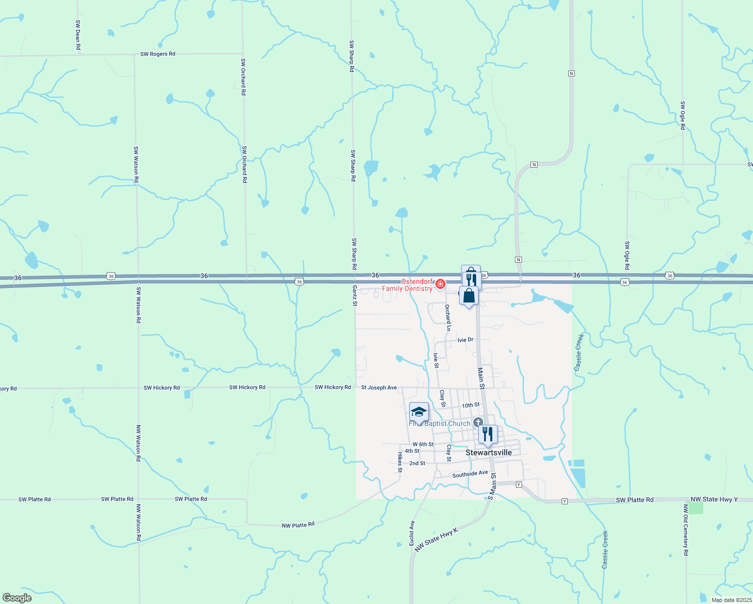 map of restaurants, bars, coffee shops, grocery stores, and more near 301 Park Avenue in Stewartsville