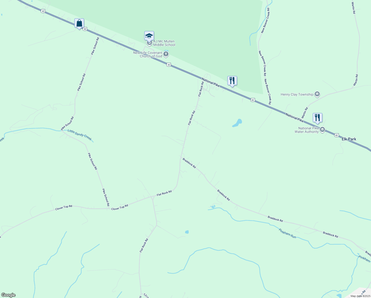 map of restaurants, bars, coffee shops, grocery stores, and more near 776 Flat Rock Rd in Markleysburg